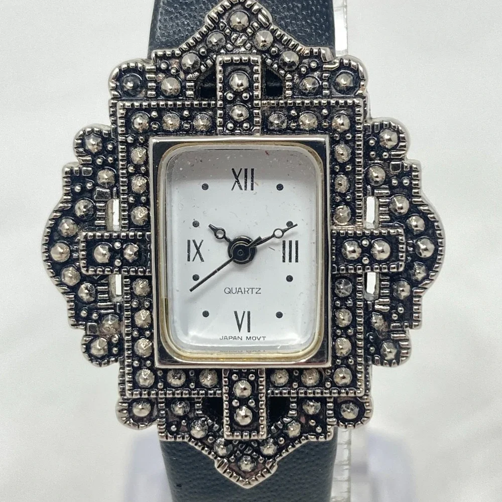 Vintage Avon Marcasite Tank Watch Women Silver Tone Black Leather New Battery 8